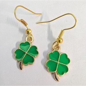 Lucky Shamrock Earrings 4 Leaf Clover GoldTone Green St Patricks Dangle Drop New